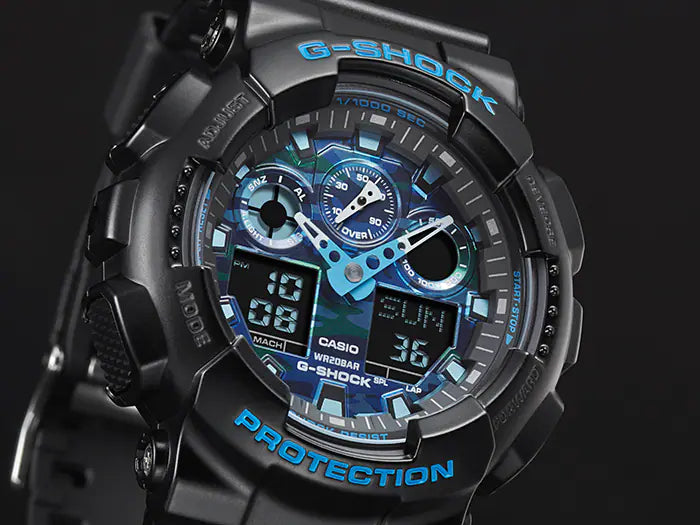 G-Shock digital watch with a black case and blue accents on the dial.