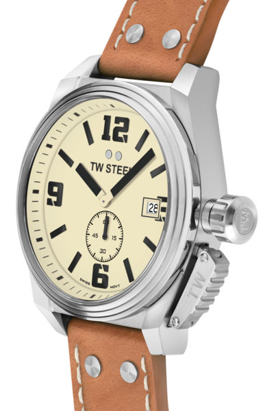 Wristwatch with a tan leather strap and cream-colored dial displaying ’TW STEEL’ branding.