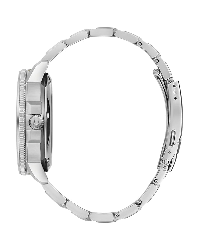 Silver wristwatch with a metal link bracelet and round face.