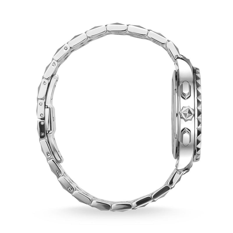 Silver wristwatch with a metal link band and a round face featuring a bezel.