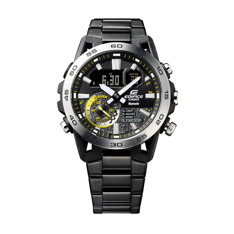 Sleek, modern men’s wristwatch with a black dial and metal bracelet.