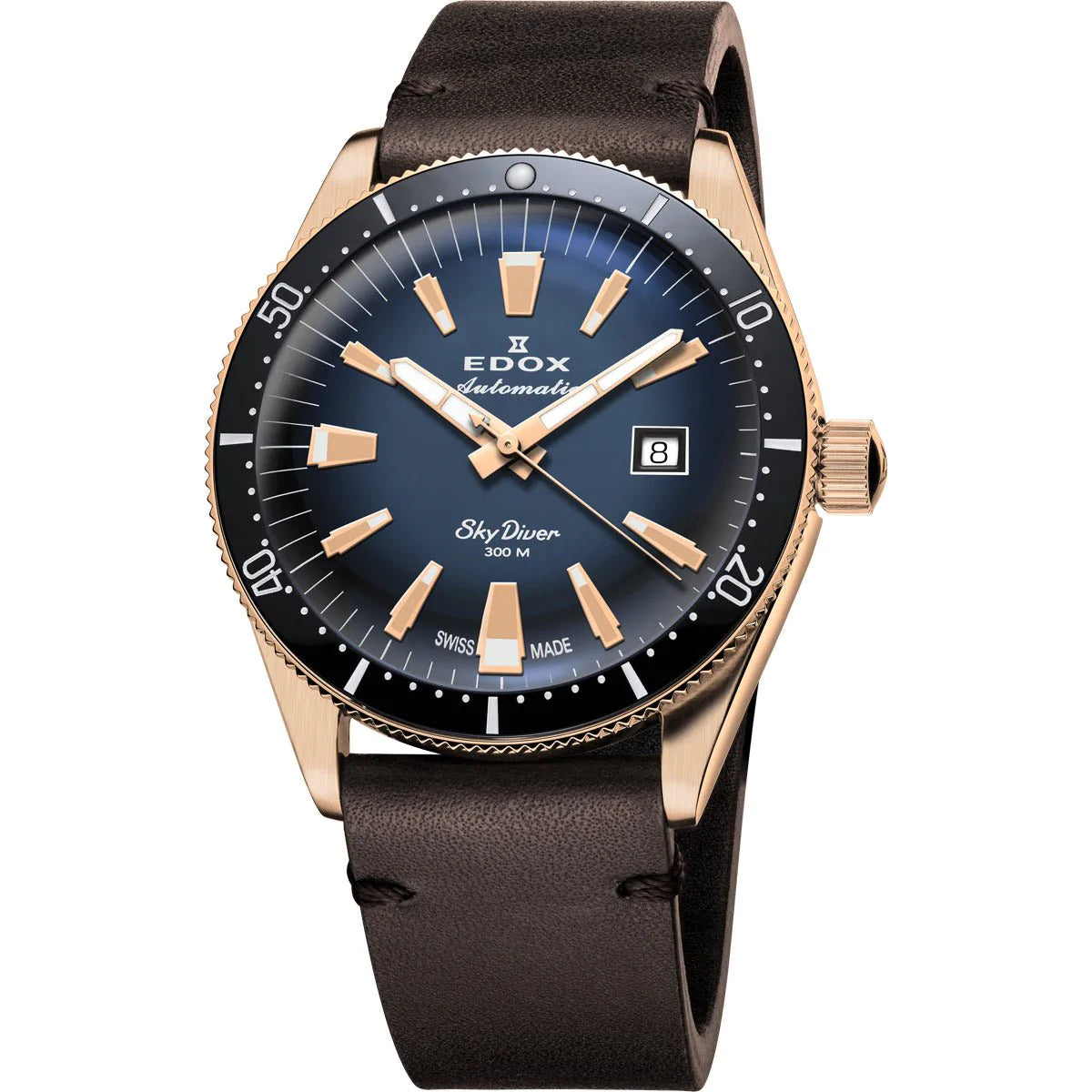 Luxury wristwatch with a blue dial, rose gold case, and brown leather strap.