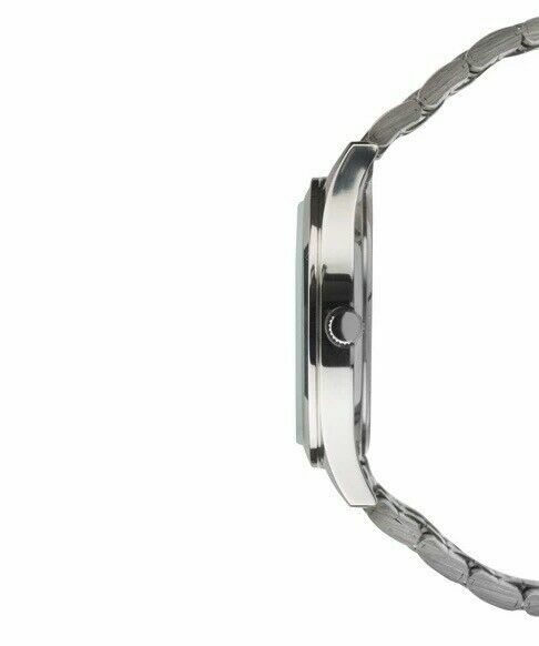 Stainless steel wristwatch with a metal link bracelet viewed from the side.