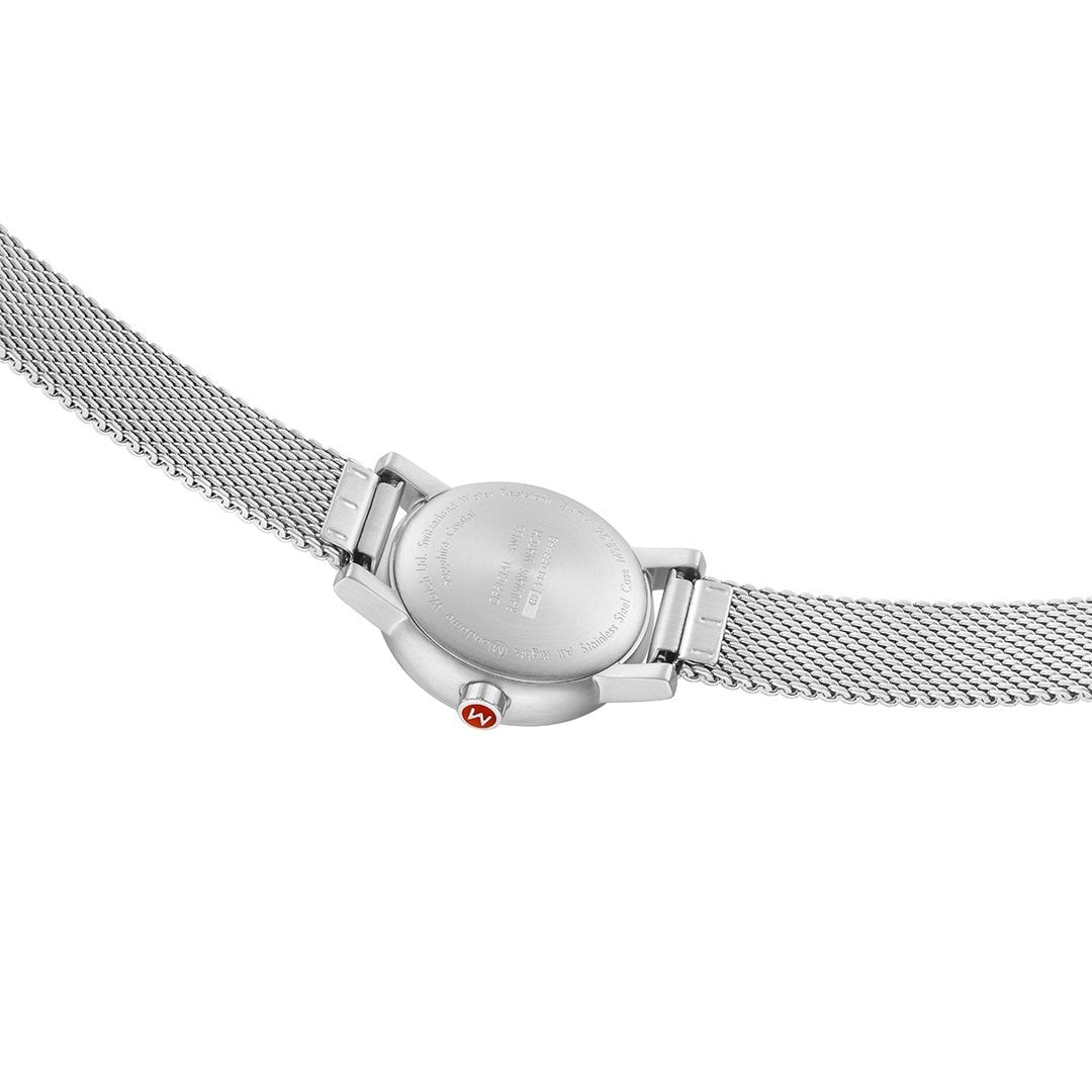 Silver wristwatch with a mesh metal band and a round face.