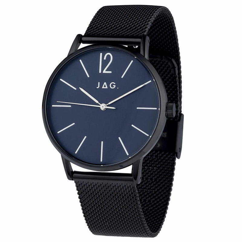 Sleek black wristwatch with a dark blue dial and mesh band.