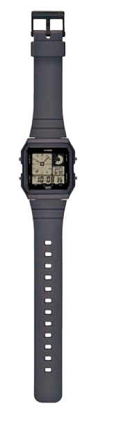 Digital wristwatch with a square face and dark gray band.