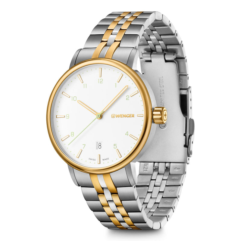 Elegant wristwatch with a two-tone silver and gold metal band and white dial face.