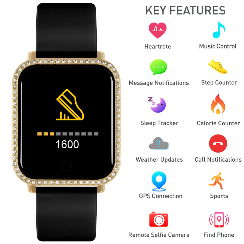 Gold-rimmed smartwatch with a black band displaying a credit card icon and number 1600.