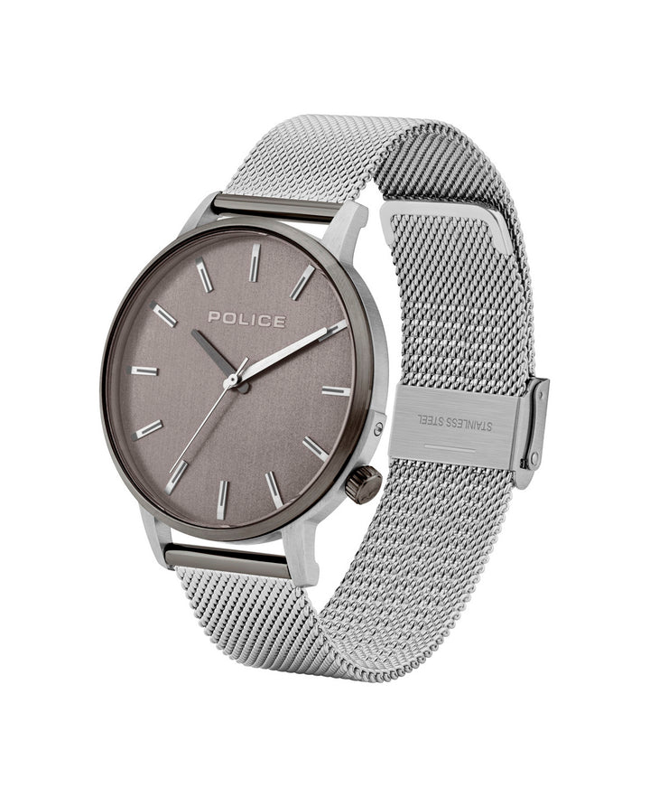 Sleek silver wristwatch with a mesh band and gray dial face.