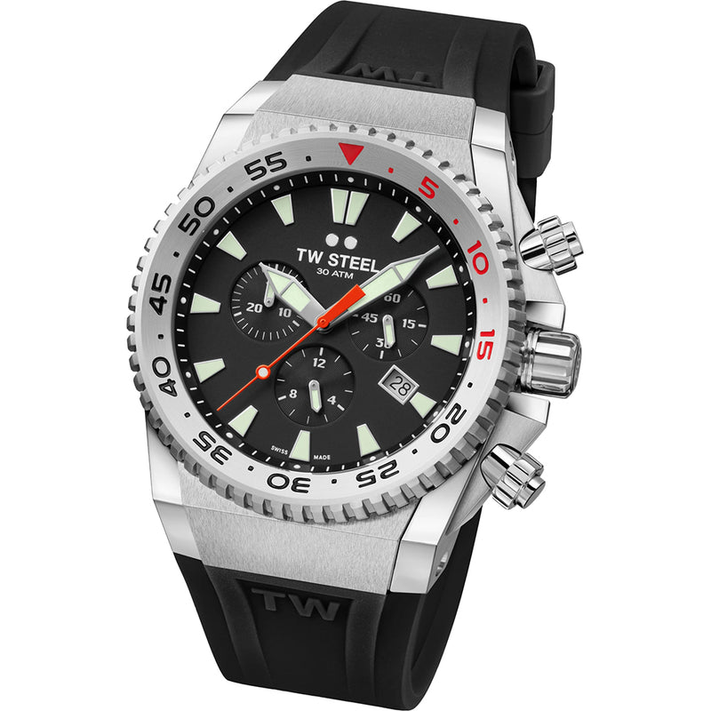 Stainless steel chronograph wristwatch with a black rubber strap and rotating bezel.