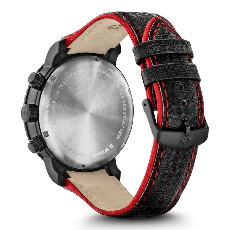 Wristwatch with a black and red leather strap and metallic case back.