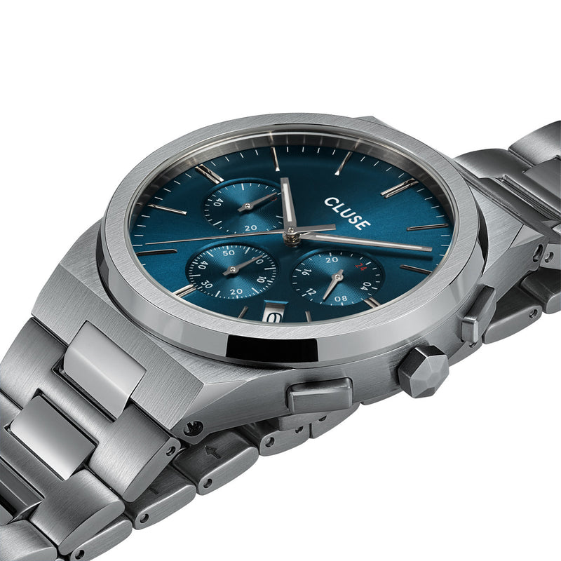 Stainless steel chronograph wristwatch with a blue dial face.