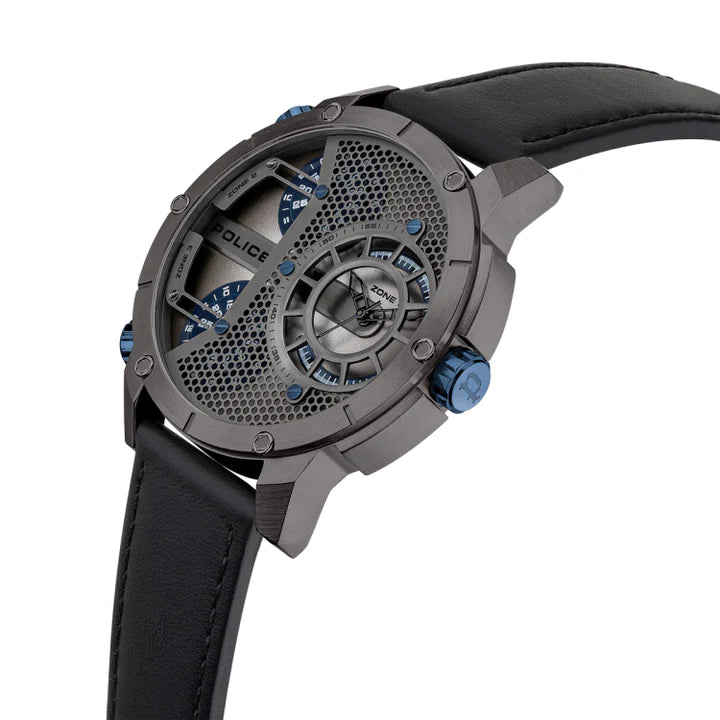 Sleek wristwatch with an exposed mechanical dial and black leather strap.