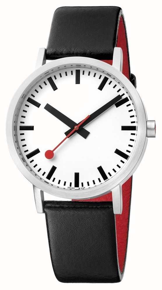 Wristwatch with a white face, black hands, and a black leather strap.