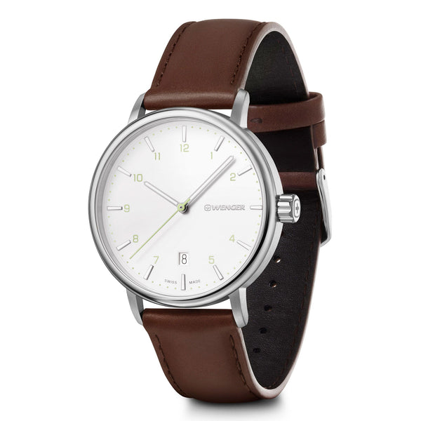 Wristwatch with a white face and brown leather strap.
