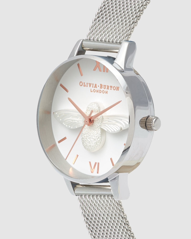 Olivia Burton 3D Bee Silver Mesh Watch