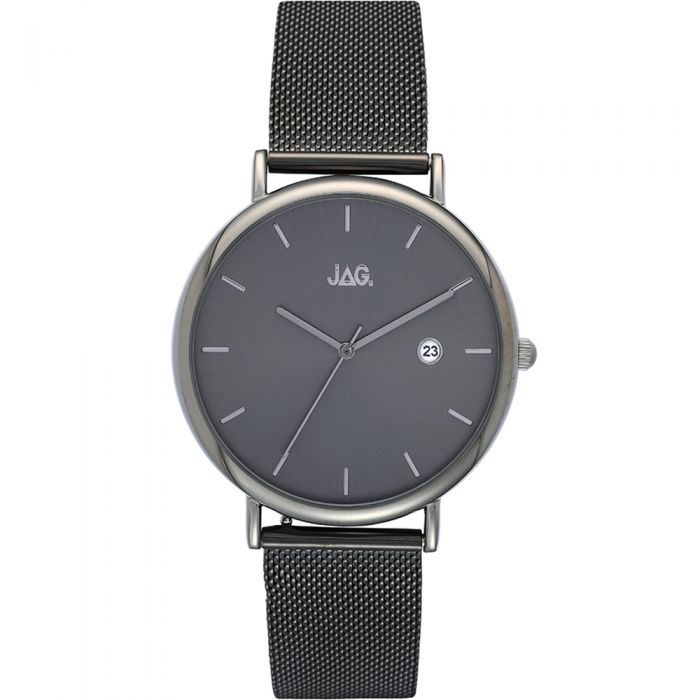Sleek wristwatch with a dark gray face and mesh metal band.