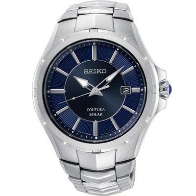 Seiko Coutura solar-powered wristwatch with a blue dial and stainless steel bracelet.