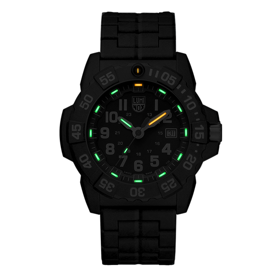 Black tactical wristwatch with luminous green and yellow markings on the dial.