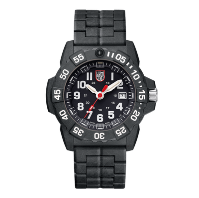 Black tactical wristwatch with white numerical markings and red accents.