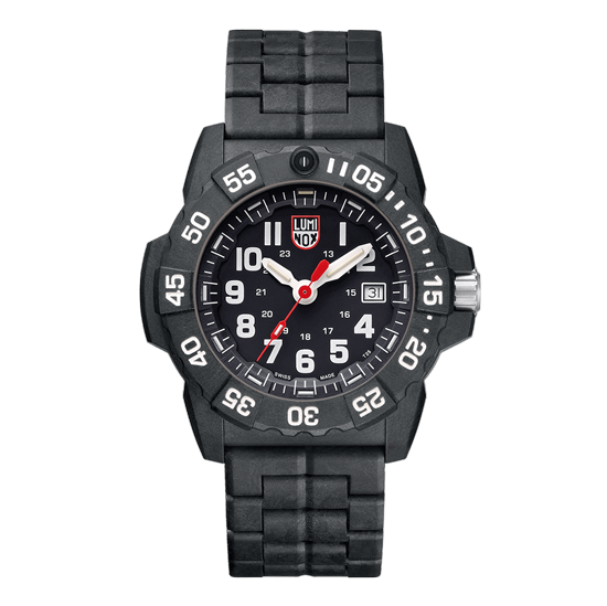 Black tactical wristwatch with white numerical markings and red accents.