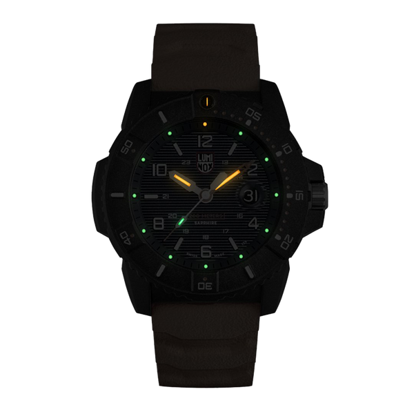 Black tactical wristwatch with luminous markers on the dial.