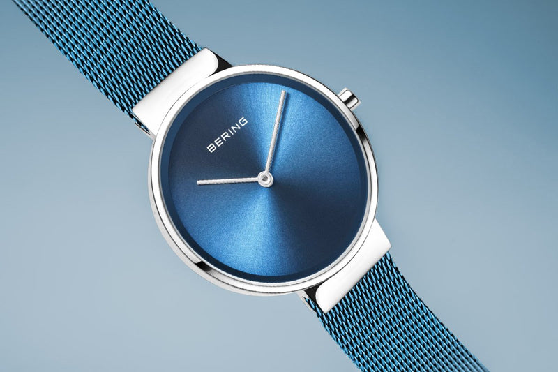 Bering Classic Polished Silver Blue Mesh Watch