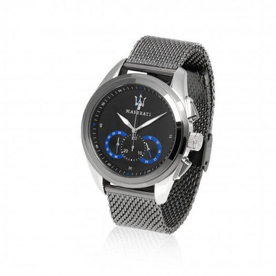 Stylish men’s wristwatch with a black dial and silver mesh band.