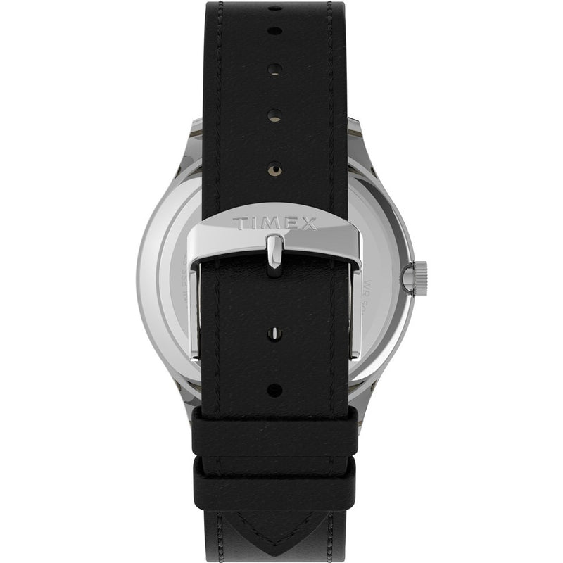 Wristwatch with a black leather strap and silver-toned case.