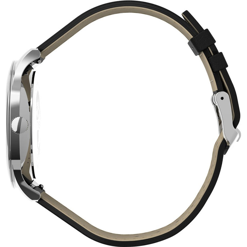 Wristwatch with a silver case and black leather strap.