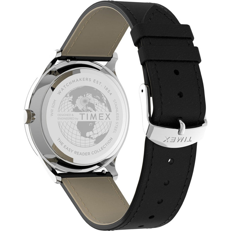 Timex wristwatch with a black leather strap and silver case.