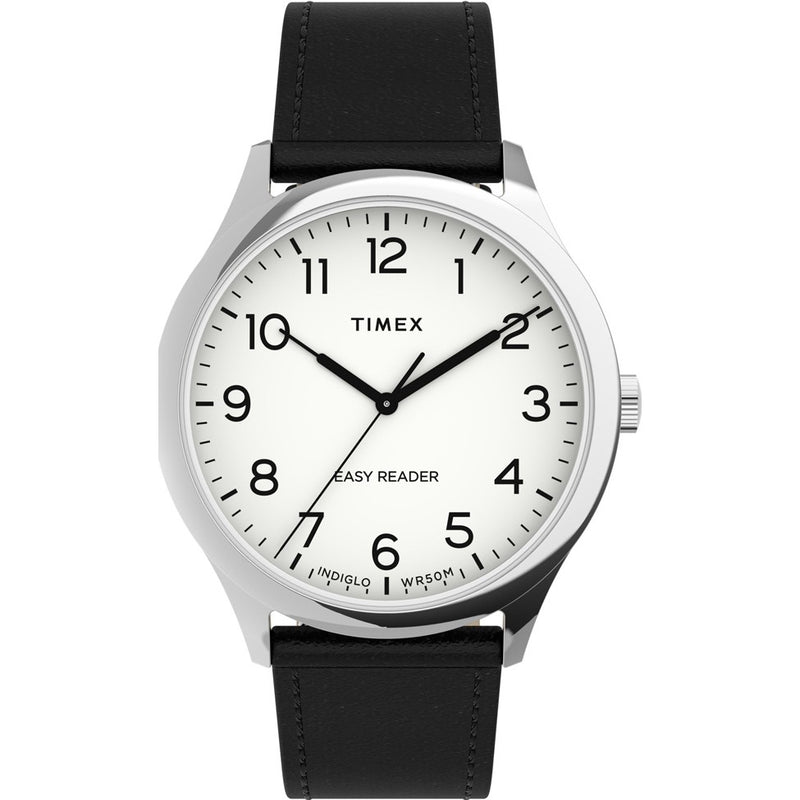 Timex wristwatch with a white dial and black leather strap.