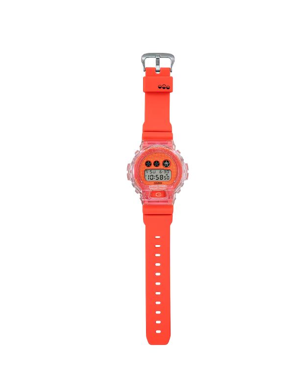 Bright red digital wristwatch with a transparent case and digital display.