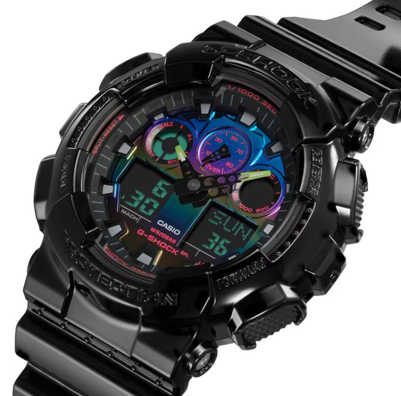 Rugged black digital sports watch with a colorful multi-function display.