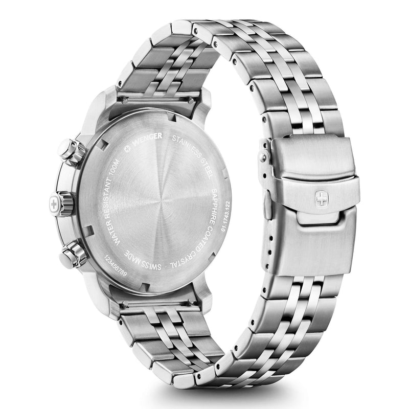 Stainless steel wristwatch with a metal link bracelet.