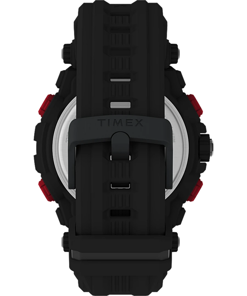 Black digital sports watch with red accents and a rugged design.