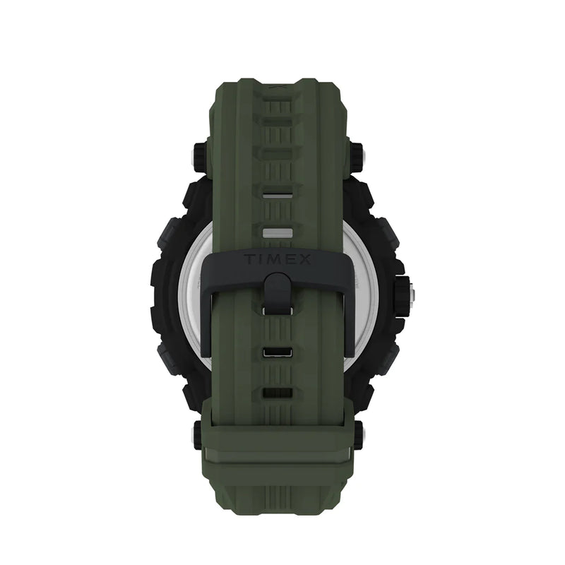 Rugged digital wristwatch with a green rubber strap and black bezel.