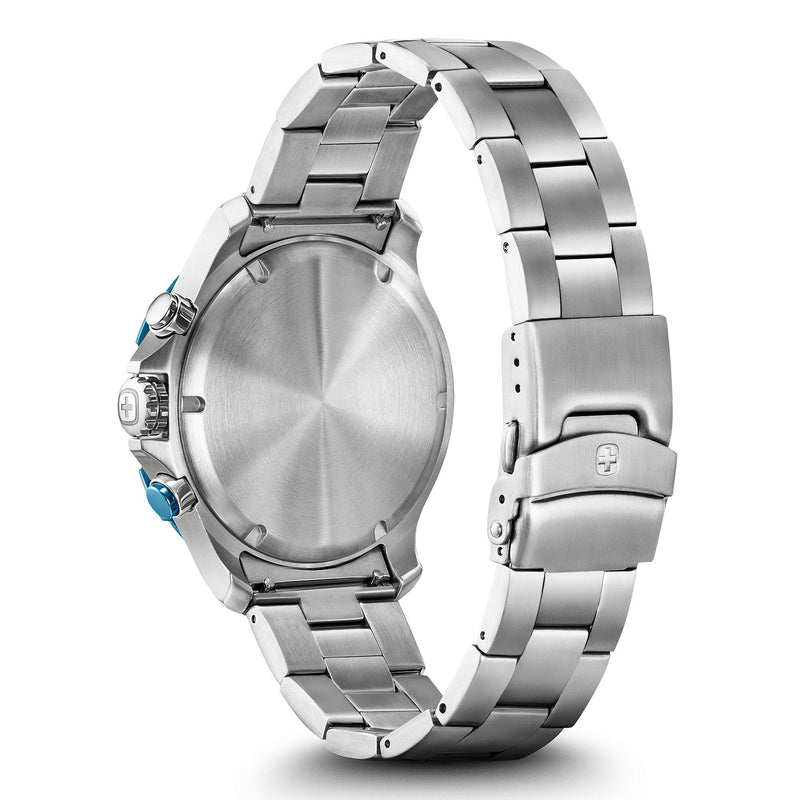 Stainless steel wristwatch with a metal link bracelet and blue accents on the side.