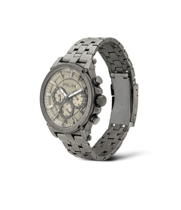 Stainless steel chronograph wristwatch with a metallic bracelet and gray dial.