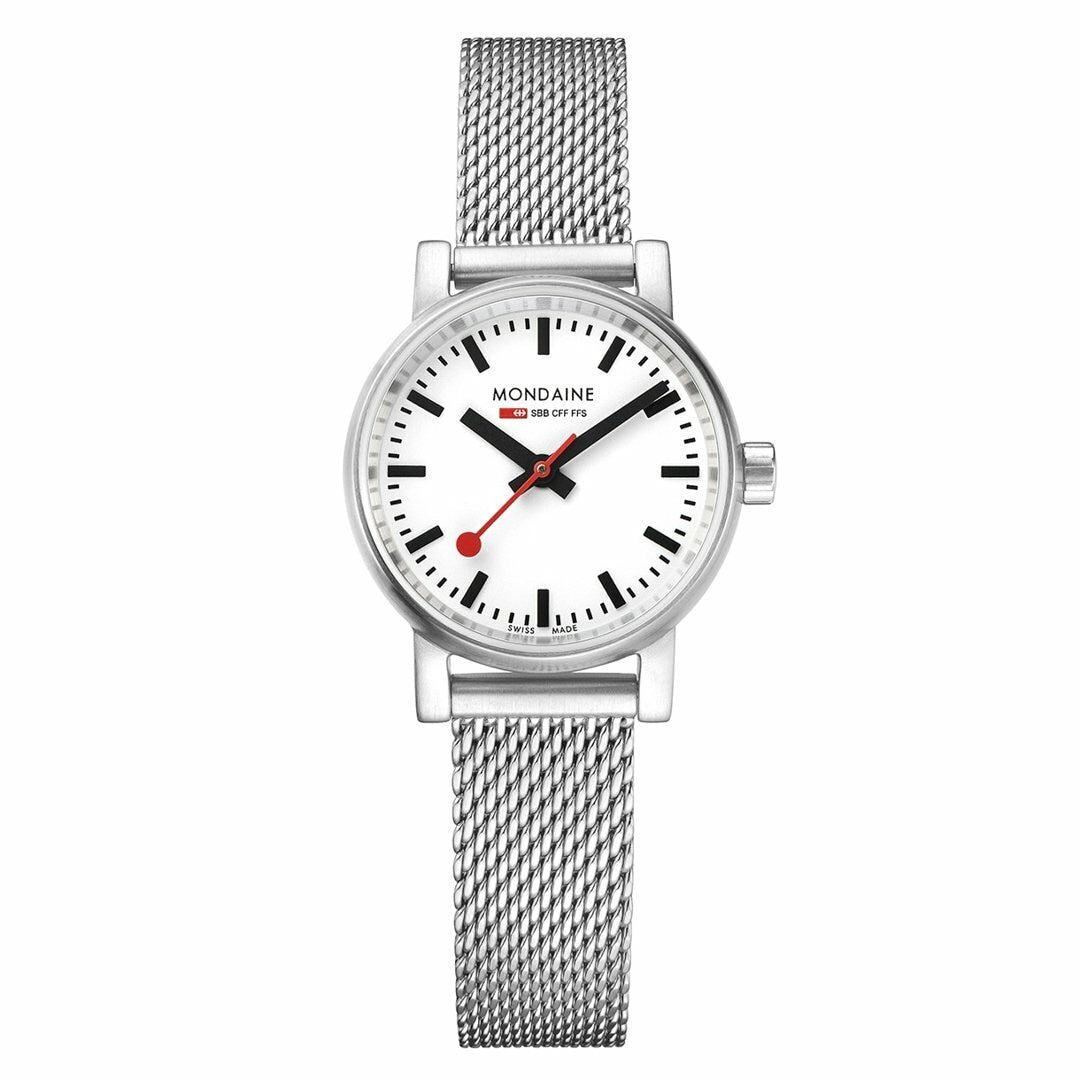 Sleek silver wristwatch with a white face and red accents on a mesh metal band.