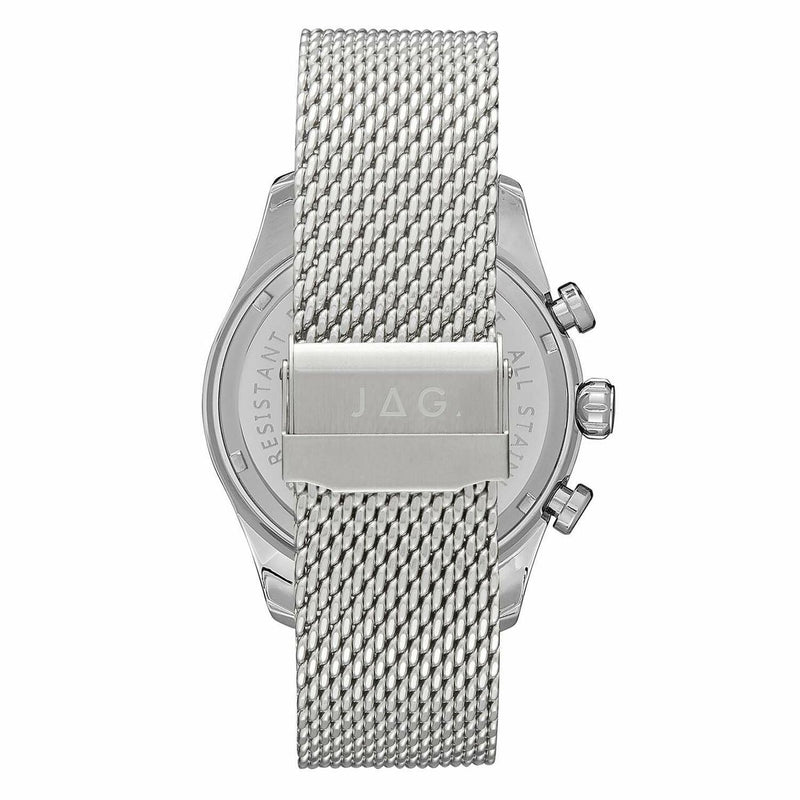 Silver wristwatch with a mesh metal band and ’TAG’ branding visible on the back.