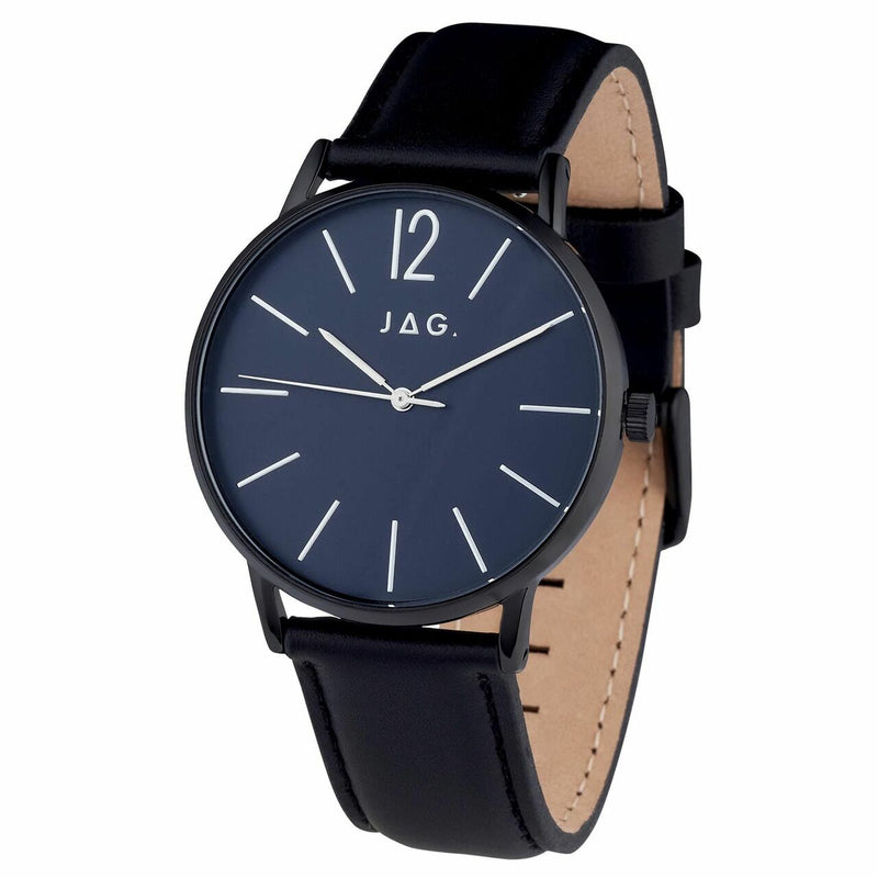 Sleek wristwatch with a black leather strap and dark blue dial face.