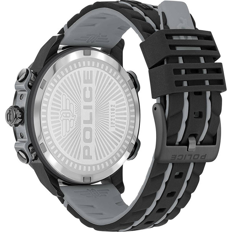 Sporty wristwatch with a black and gray strap and a detailed white dial face.