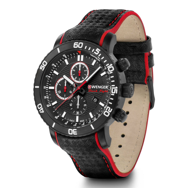 Sporty chronograph wristwatch with a black and red color scheme.