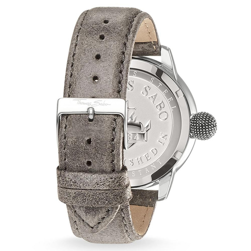 Wristwatch with a gray leather strap and silver-toned case.