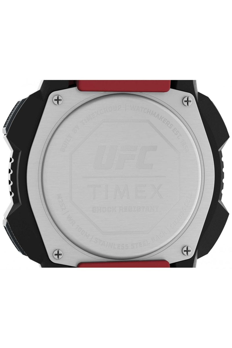 Rugged, circular electronic device with red and black protective casing.