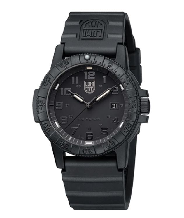 Black tactical wristwatch with a rugged design and luminous markings.