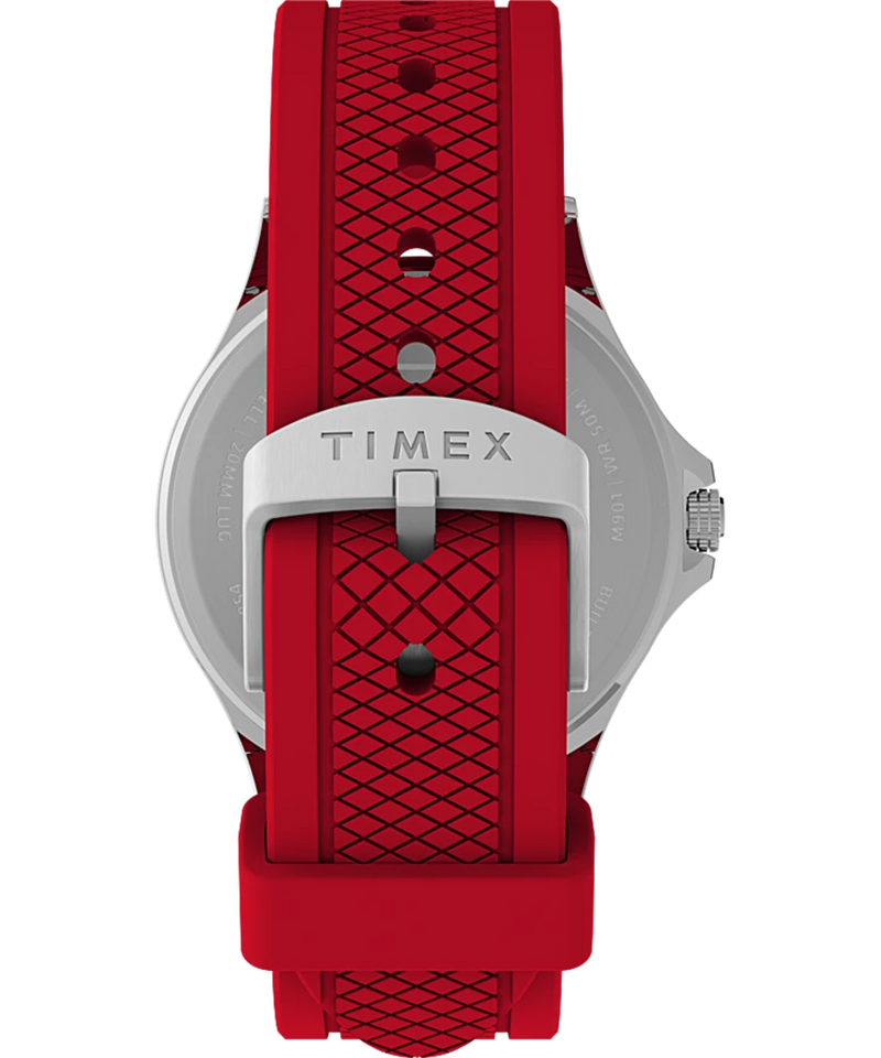 Red watch strap with a silver Timex watch clasp.