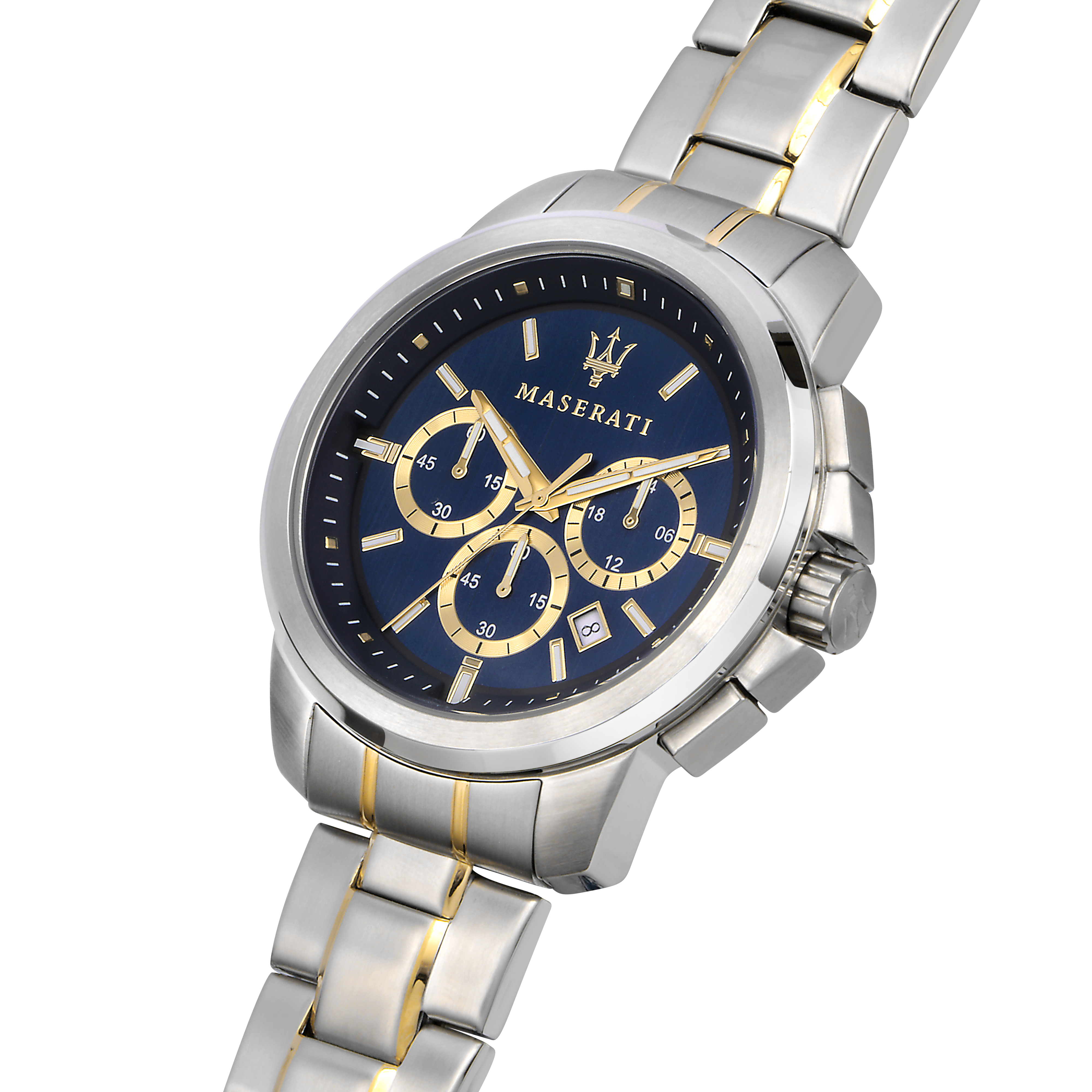 Luxury wristwatch with a blue dial and silver-gold metal bracelet.