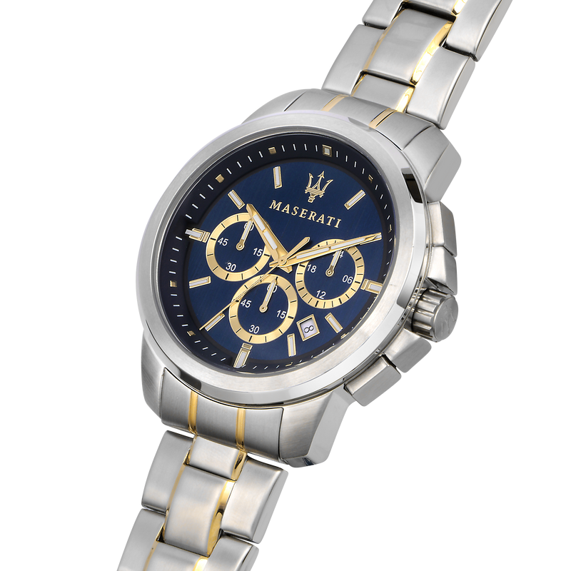 Luxury wristwatch with a blue dial and silver-gold metal bracelet.